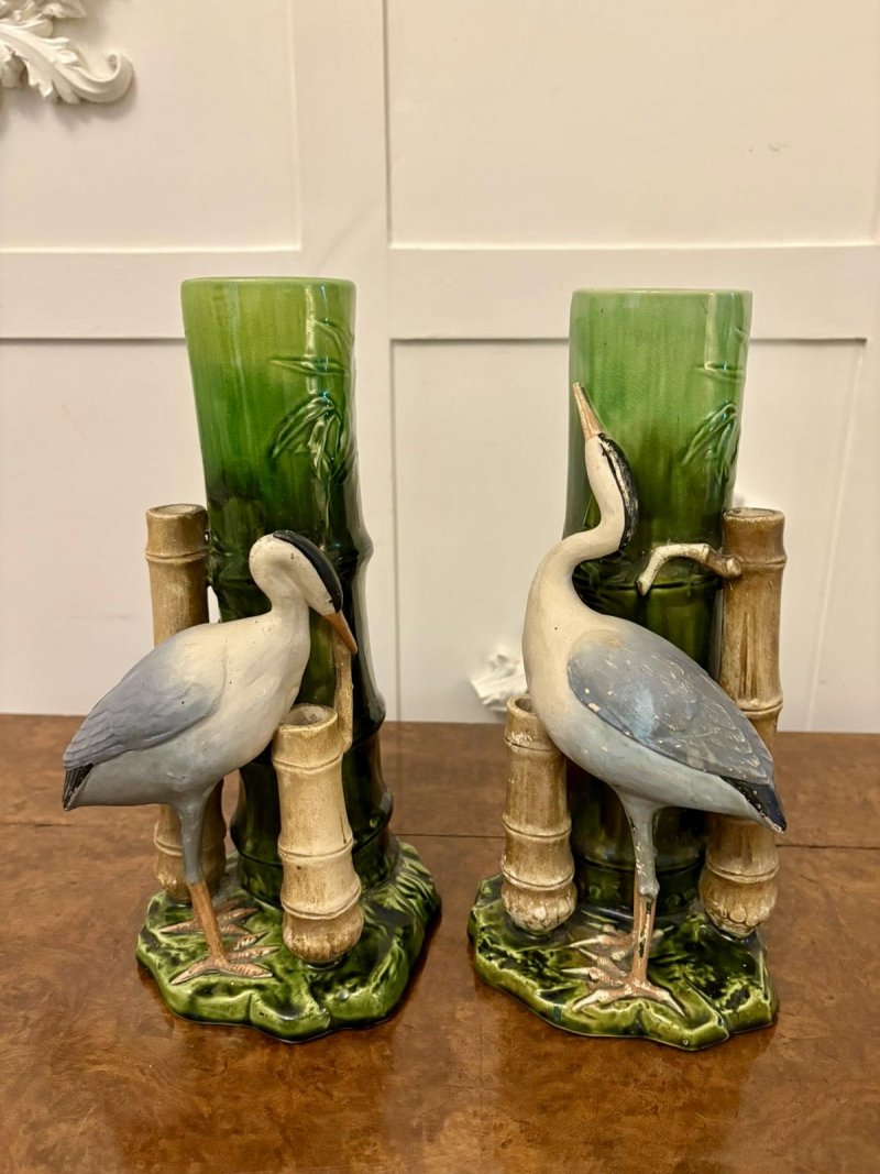 Unusual Pair of Antique Victorian Bretby Art Pottery Bamboo and Stork Vases